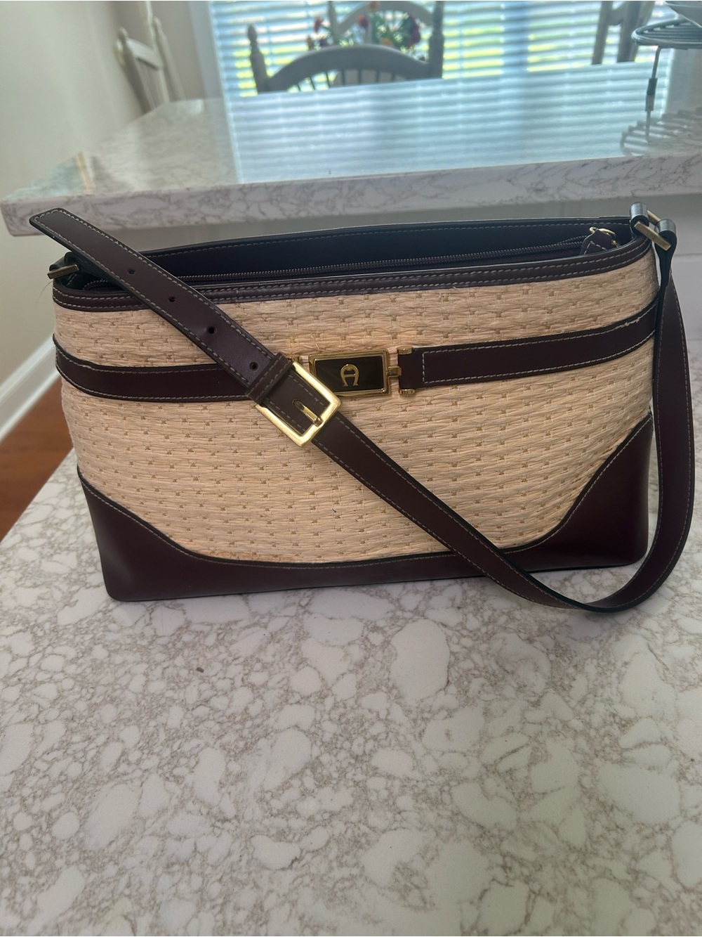 Vintage Straw and Dark Brown Leather Shoulder Bag